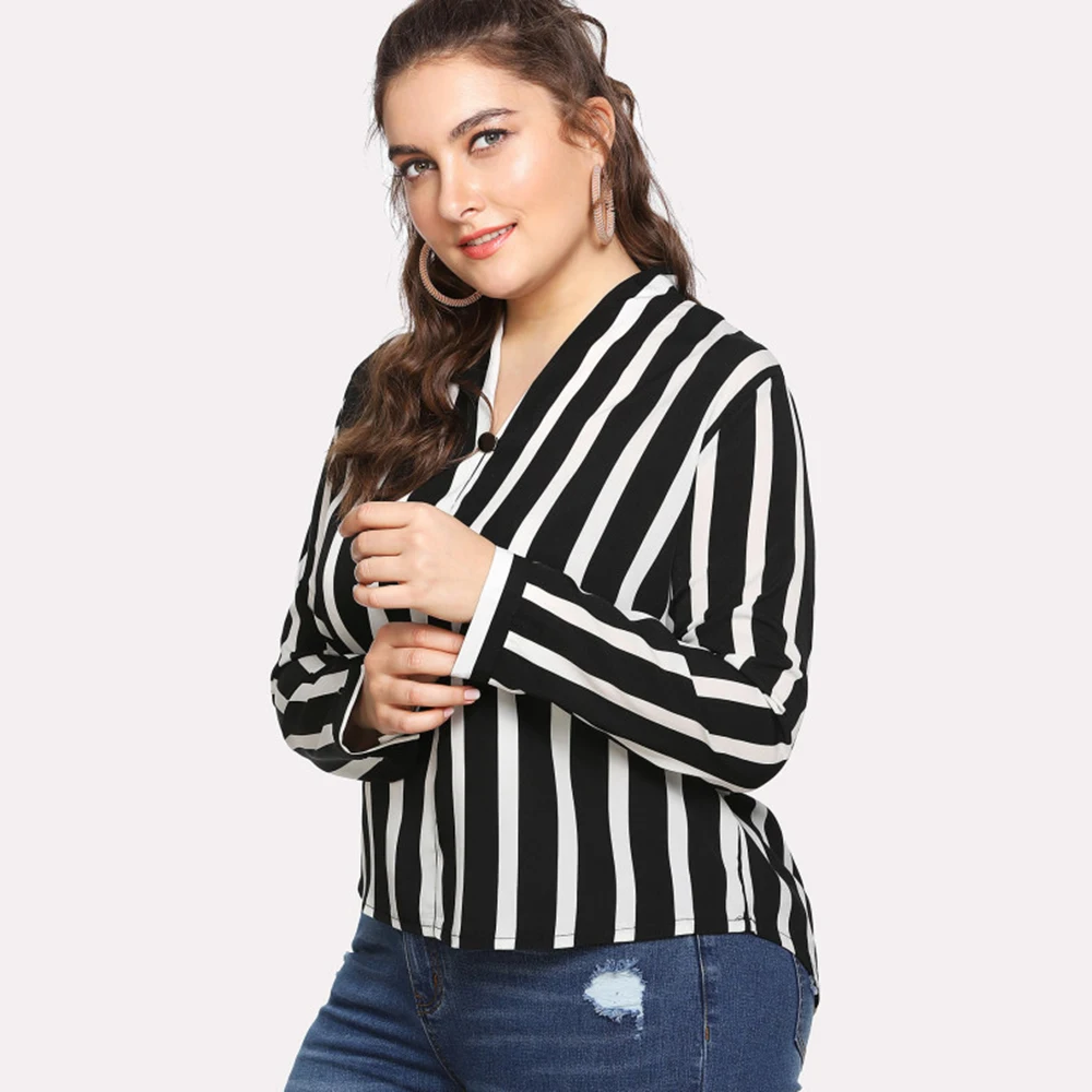 Yileen Plus Size Women Blouses Button Striped Casual Office Tops V Neck Ladies Blusas Autumn Long Sleeve XL-5XL Clothing 2018 |