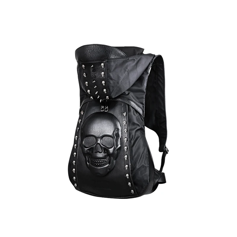 Фото Стильный кожаный 3D мужской рюкзак с капюшоном заклепками и черепами панк в