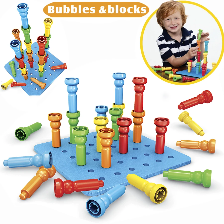 

Bubbles & blocks Pegs and Pegboard Stackers Set building blocks with crepe rubber pegboard,25 pegs Educational toys for kids