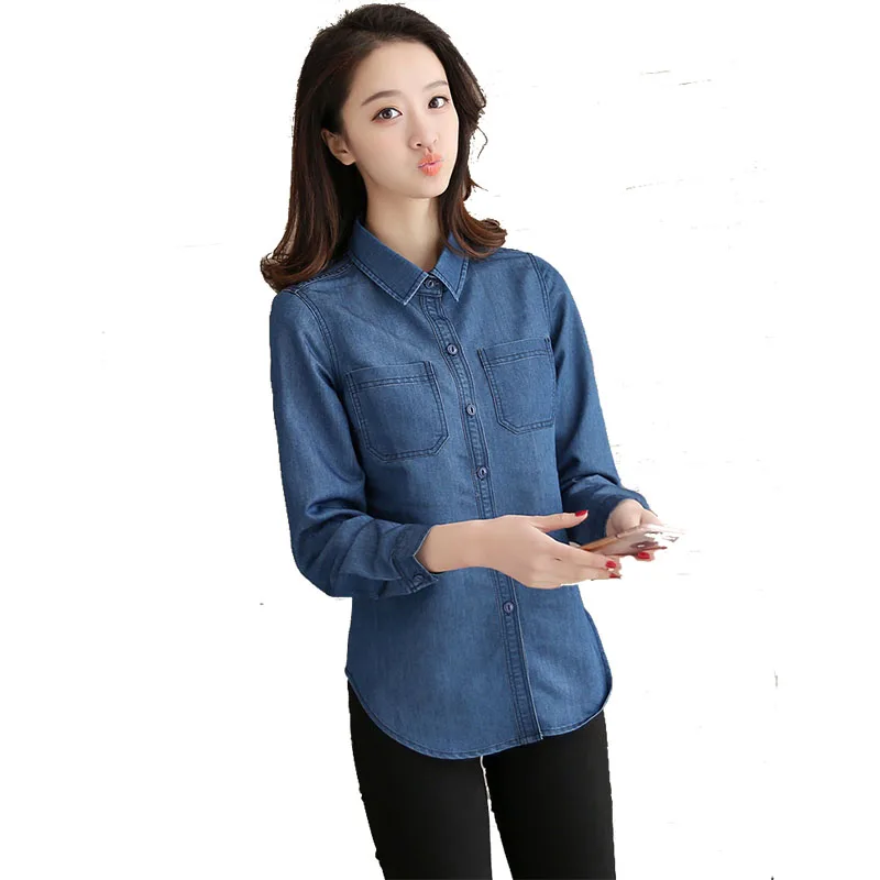 

Casual dark blue denim women full sleeve blouse pluse size front pocket
