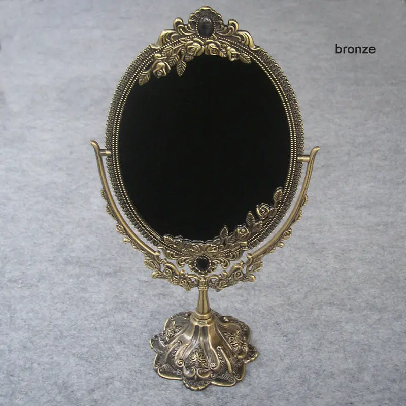 vintage embossed double face retro bronze alloy metal desktop makeup dresser decorative mirror embossed frame makeup tool 330B