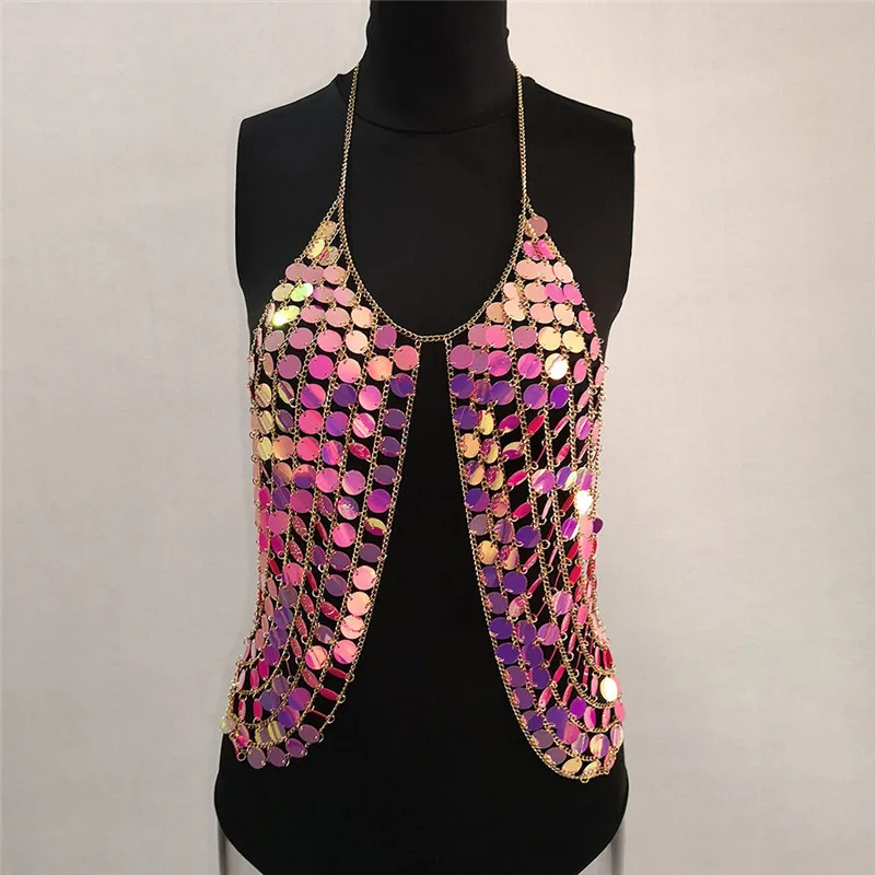 Sexy Bling Metal Chest Chain Summer crop top Women Sparkling Sequins Halter tank tops cropped shirt Luxury Nightclub Party Vest | Женская