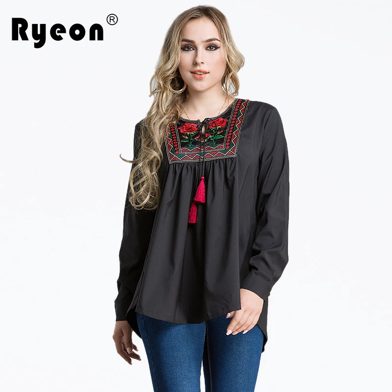 Ryeon Plus Size Women Blouse Shirt Embroidery Tassel Ethnic Sexy Black Casual Loose Long Sleeve Cotton Blouse7xl 6xl 5xl |