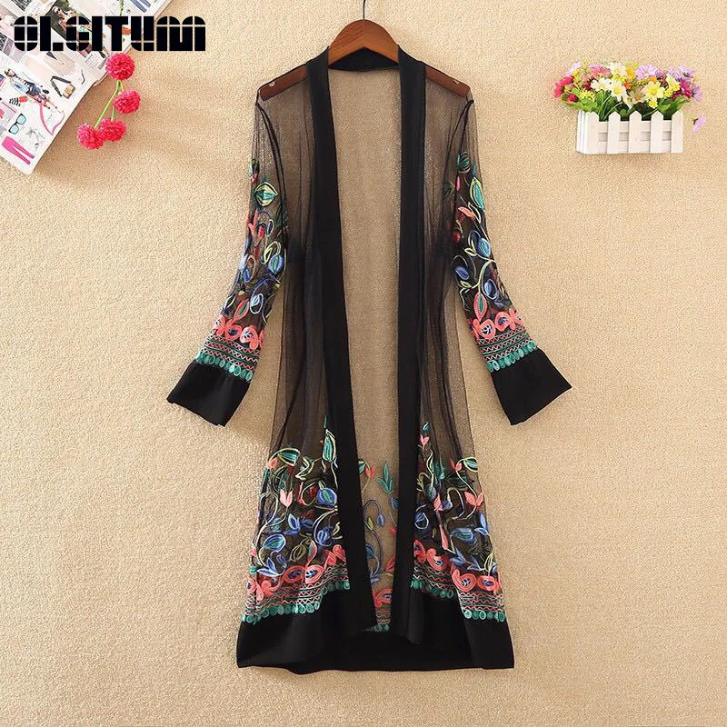 Женское длинное пальто с цветочной вышивкой сетчатый кардиган в стиле ретро