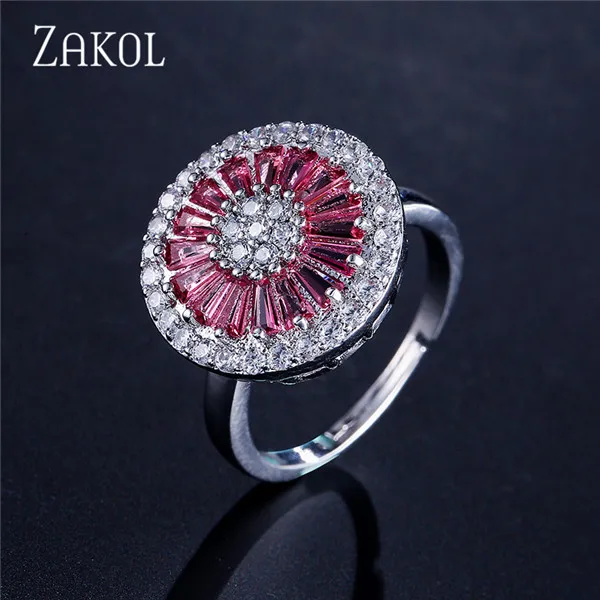 ZAKOL, модные, в европейском стиле, трапециевидные, круглые, с кристаллами, кубическим цирконием, проложенные, открытые кольца для женщин, ювелирные изделия, вечерние, юбилейные, FSRP2037 - Цвет основного камня: Red