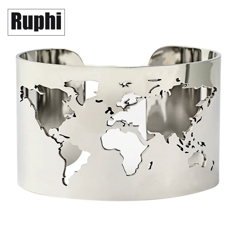 

World Map Cut-out Cuff Bangle Bracelet Travel Peace Jewelry Stainless Steel 40mm Wide Laser Engraving Fine Polished Circle Angle