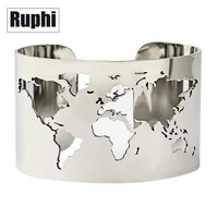 world map cut out cuff bangle bracelet travel peace jewelry stainless steel 40mm wide laser engraving fine polished circle angle