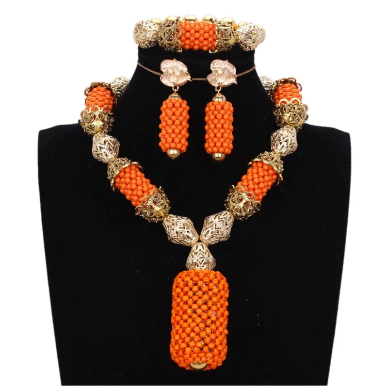 Bridal Dubai Women Jewelry Set Gold Wedding Sets Orange Balls High Quality Indian Jewellery Necklace Set 2018