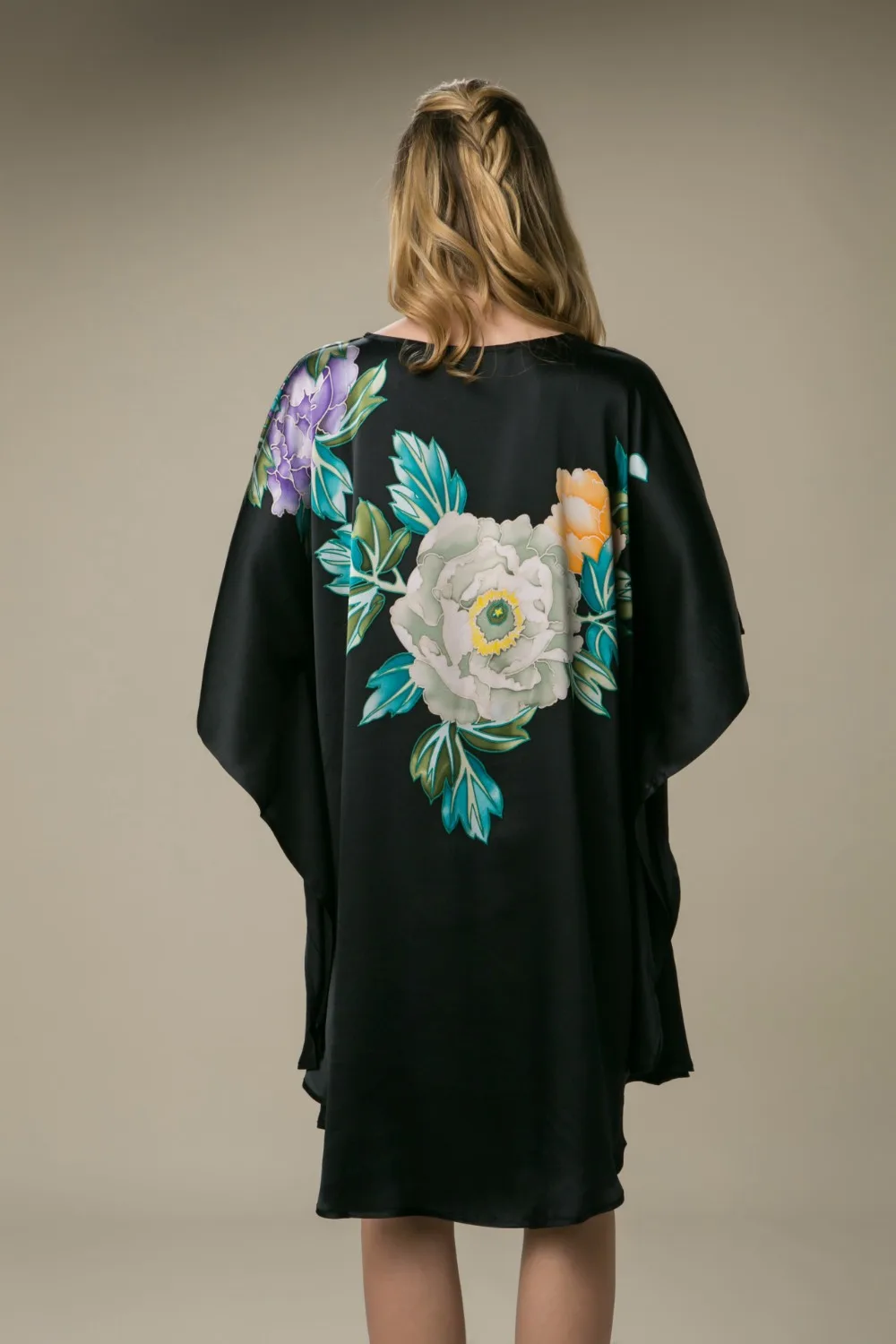 

100% Silk Satin Dress Women Silk Dresses Natural Silk Free Size Handmade Painted Dress Black Color Free Shipping