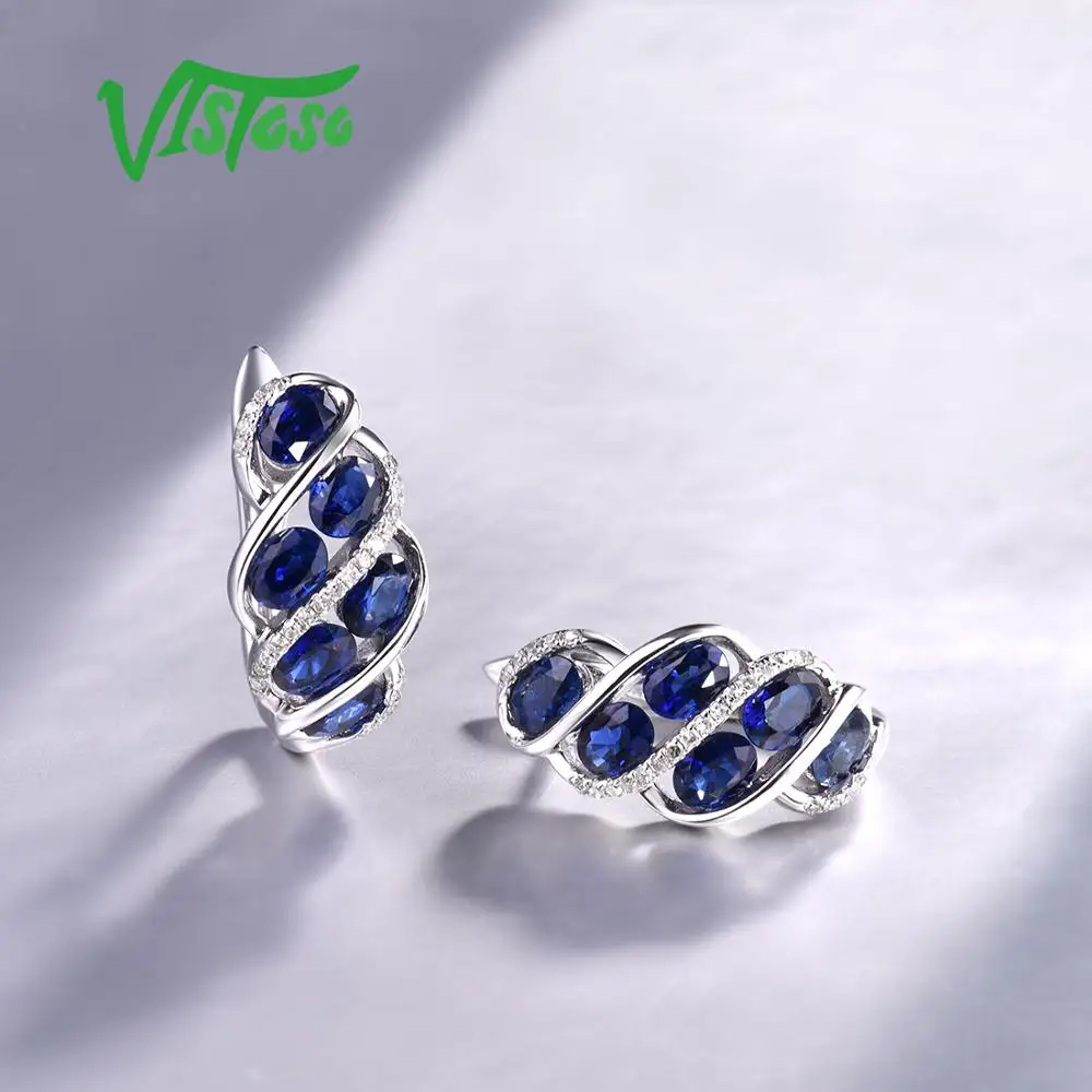 VISTOSO Pure 14 к 585 Белое золото роскошный синий сапфир блестящие бриллиантовые серьги для женщин юбилей Свадебные Элегантные ювелирные изделия