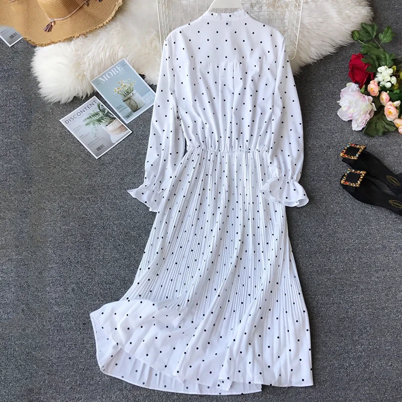 2019 New Spring Autumn Polka Dot Print Chiffon Dress Ruffles Retro Women Long Sleeve Pleated Casual long Vestidos cc451 | Женская одежда