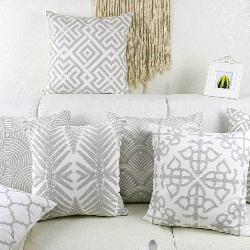 

Embroidery Cushion Cover Geometric Floral Moroccan Grey Pillow Case with Embroidered For Sofa Seat Simple Home Decor 45*45cm