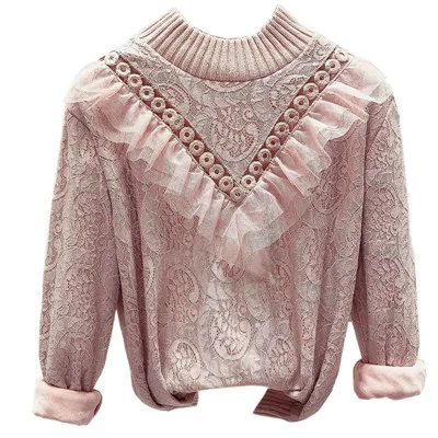 pink no fleece MUMUZI, женская зимняя теплая кружевная блузка, длинный рукав, кружево, вязание крючком, открытая блузка, блузка с оборками, весенние блузки на флисе с длинным рукавом - Цвет: pink no fleece