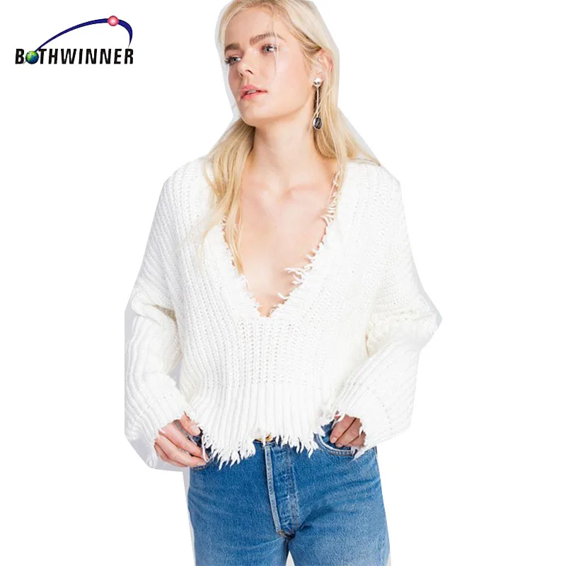 Пуловер женский Bothwinner с рукавами летучая мышь рваный свободный крой вязаный |