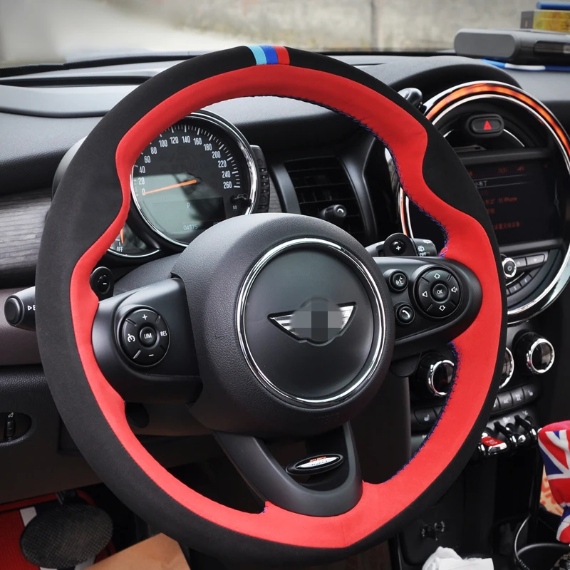 Фото BANNIS ручной работы черный красный замшевый чехол рулевого колеса автомобиля для Mini Coupe №2