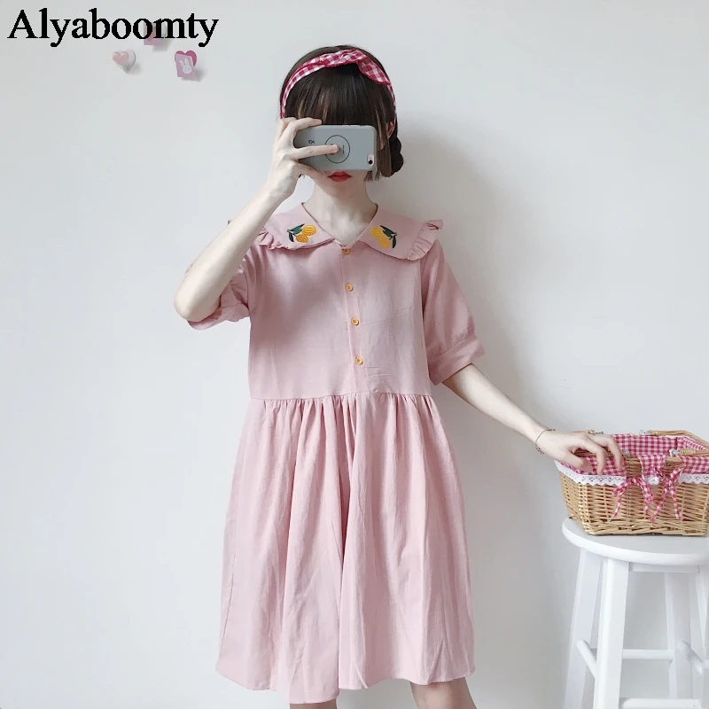 Женское милое платье в японском консервативном стиле воротник Питер Пэн розовое