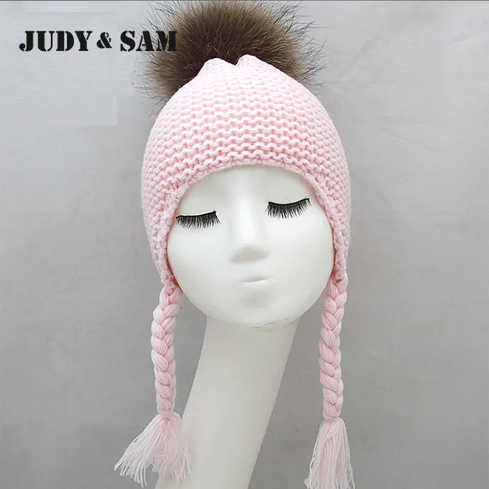 Judy&Sam Girls Winter Fur Pompom Hat Wool Knitted Bomber Hat Crochet Baby Hats Boys Beanie Caps with Real Fur Pompon
