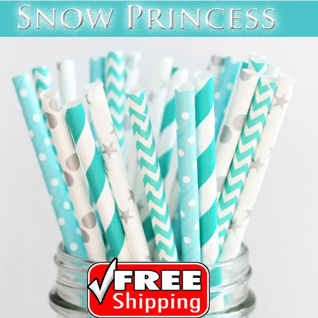 

250 Pcs Mixed 5 Designs SNOW PRINCESS Paper Straws, Light Blue,Aqua,Silver Chevron,Striped,Polka Dot,Star,Swiss Dot