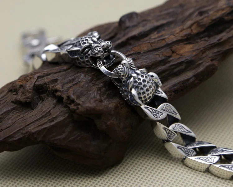 Браслет с двумя головами леопарда для мужчин 13 мм 64,1 г 100% чистого твёрдого серебра 925 Античные украшения модного стиля в подарок.