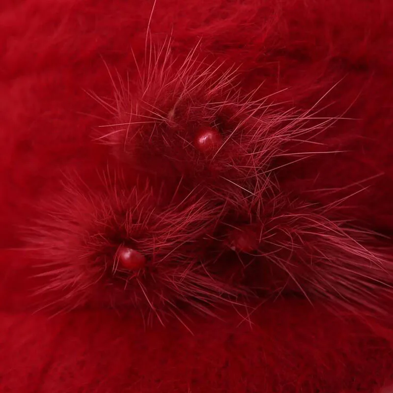 Winter 100% Rabbit women hat flowers Blending girl Berets cap Knit Crochet hats Warm soft solid warm fashion caps | Аксессуары для