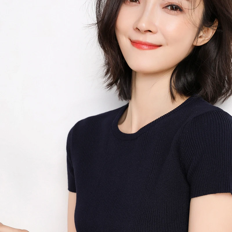2019 spring O-neck short-sleeved knit bottoming shirt pullover solid color female half-sleeved thin | Женская одежда