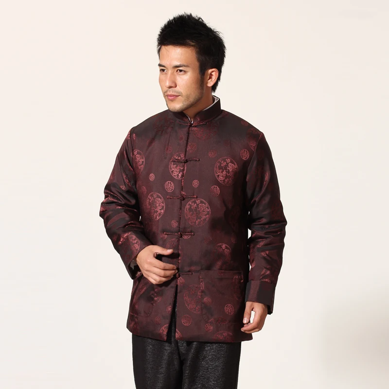 Коричневая Китайская традиционная Мужская шелковая атласная куртка винтажная