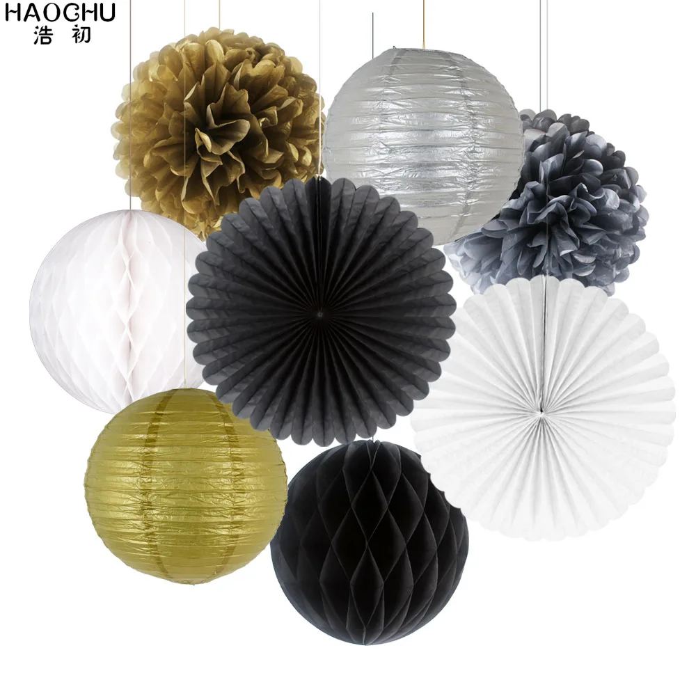 Black White 8pcs/Set Round Chinese Paper Lanterns Gold Silver Tissue Paper Honeycomb Balls Wedding Flower Birthday Party Hanging Decorations - Цвет: Black White