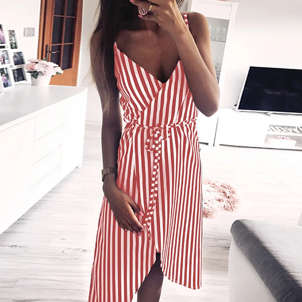 2019 Summer Dress Women Sashes Striped Sleeveless Off Shoulder V-Neck Evening Party Feminine Beach Sundress Vestidos | Женская одежда