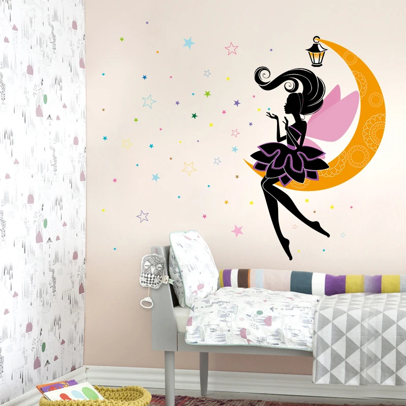

3d girl sit on moon wall stickers home decor removable faliy wall decals for kids room