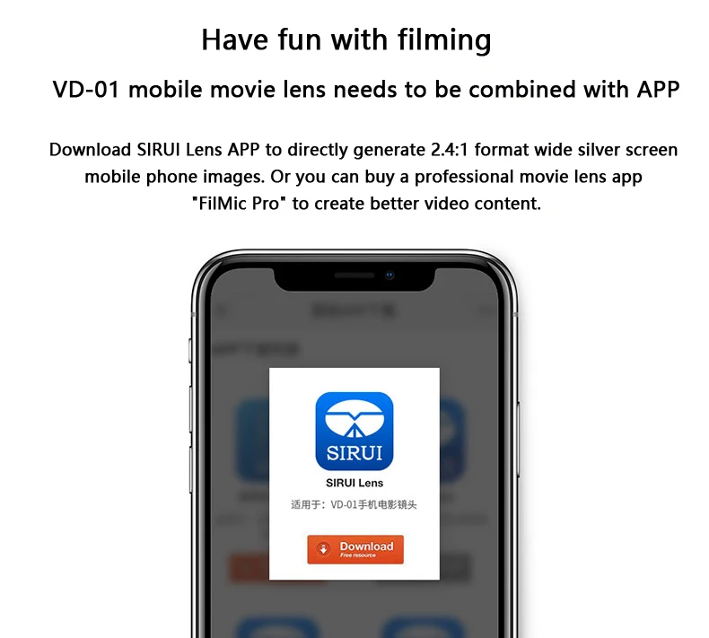 Sirui анаморфный объектив VD-01 мобильный фильм объектив деформация экрана 1.33x широкий экран фильм видео объектив для Apple для huawei