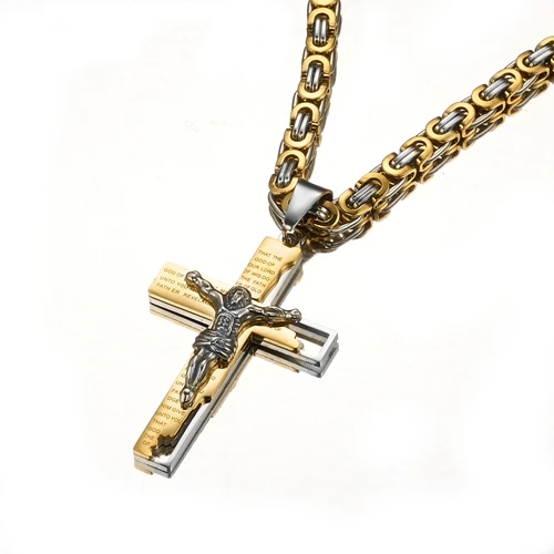 Silver Gold Color Уникальный Крест Иисуса кулон для крутых мужчин из нержавеющей стали шеи ювелирные изделия 6 мм широкая плоская Византийская цепь ожерелье 18-36 дюймов вариант - Окраска металла: Silver Gold Color