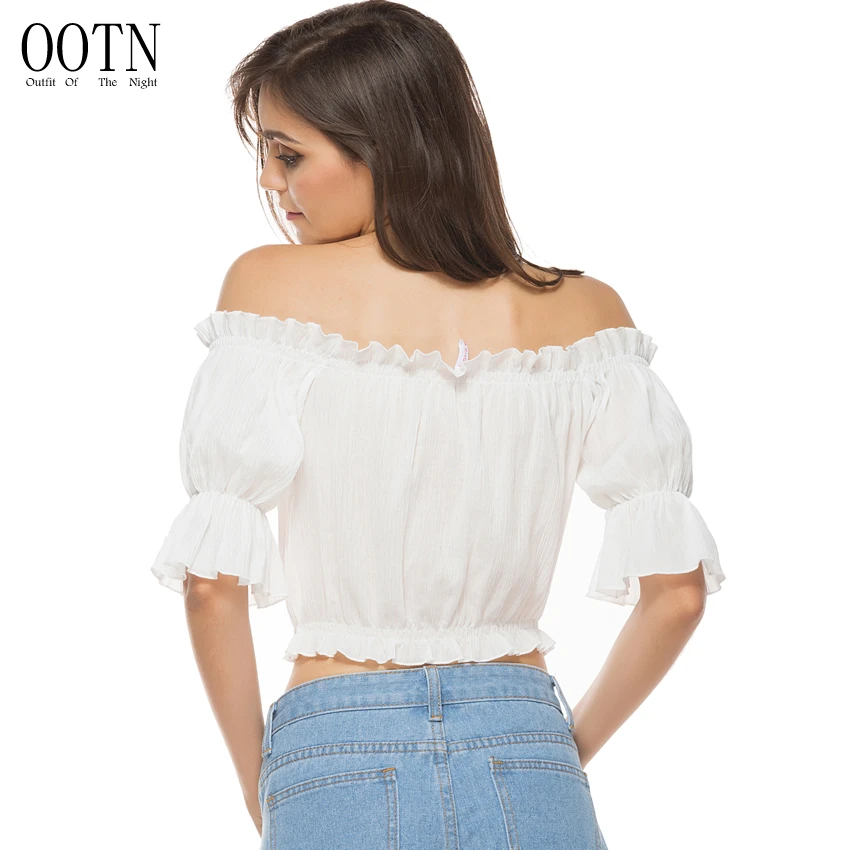OOTN Для женщин с открытыми плечами Топы Sexy оборками эластичные живот Твердый Топ