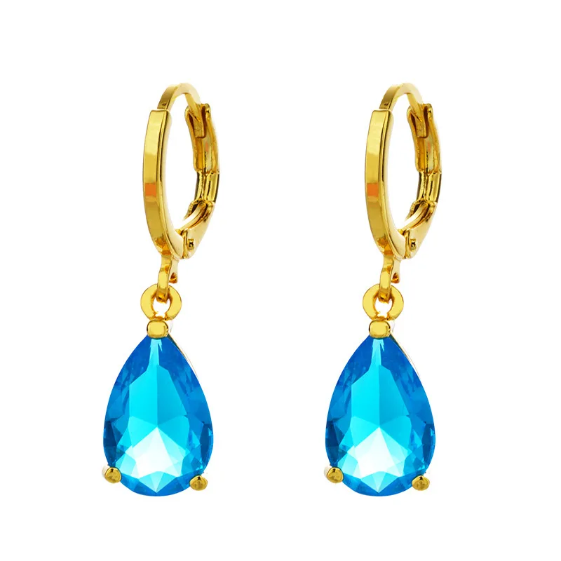 Sea Blue Zircon Earrings Yellow Gold Filled Classic Teardrop Shaped Women's Dangle Accessories Gift | Украшения и аксессуары