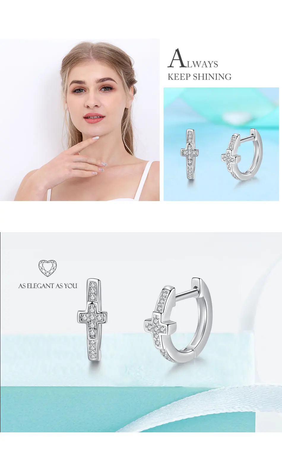 ELESHE, модные, новые, 925 пробы, серебряные, символ веры, крест, серьги-гвоздики с AAA кристаллами циркония, серьги для женщин, ювелирное изделие