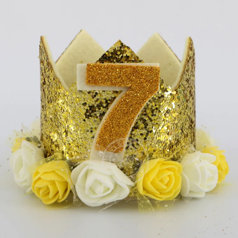 gold hat 7 Счастливые шляпы для празднования первого дня рождения, декоративная крышка, один праздничный колпак, корона принцессы, 1-й 2-й 3-й год, детский аксессуар для волос - Цвет: gold hat 7