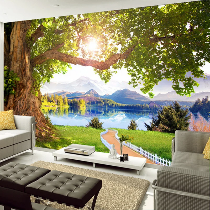 Фото 3D обои современный красивый пейзаж озеро фото Настенная роспись для гостиной ТВ