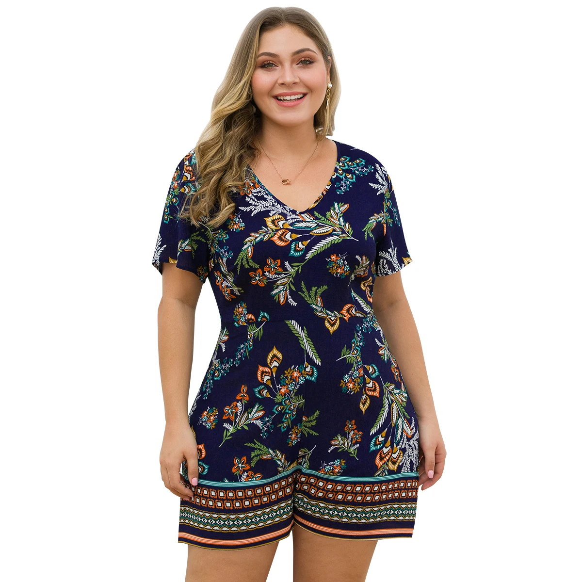 Plus size casaul women playsuit summer short sleeve V neck holiday overalls print high waist loose rompers streetwear 2019 | Женская