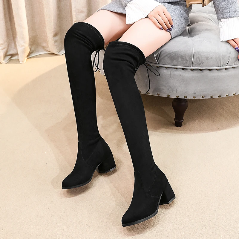 

ENMAYER Over the Knee boots Fashion 2020 New boots Casual Round toe Thick Med heels Women shoes Flock Black Beige Lace up CR1219
