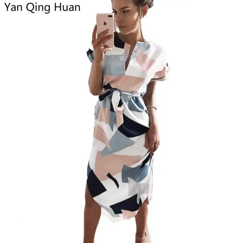 

Yan Qing Huan Explosive Dress Sexy V-neck Geometric Print Pattern Ladies Long Dress Bow Waist Irregular Irregular Commuter Dress