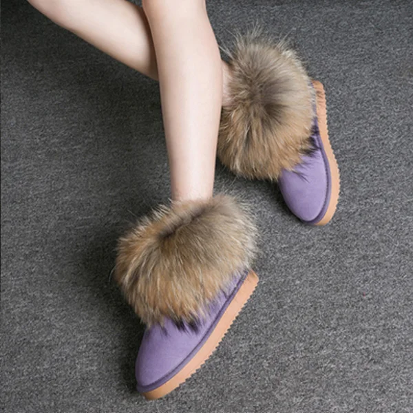 Purple Shoes Женские ботинки из натуральной кожи с натуральным лисьим мехом; брендовая зимняя обувь; Теплые повседневные черные женские зимние ботинки с круглым носком размера плюс - Цвет: Purple Shoes