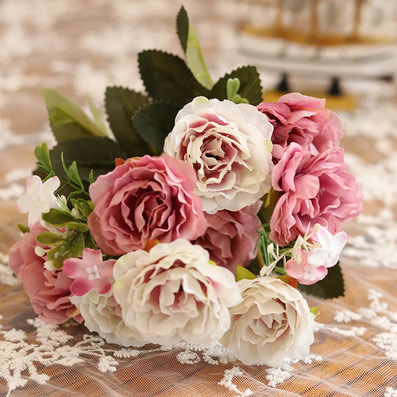10 головок искусственный цветок Букет пионов розы гортензии шелк пластик ремесло
