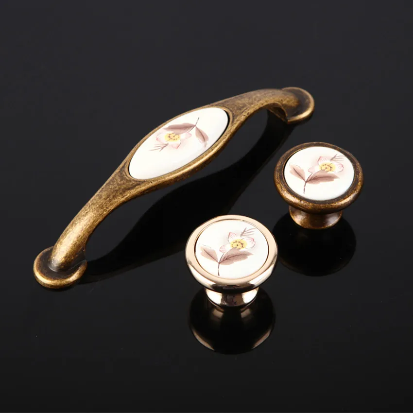 

128mm Rustico Retro Rural printing flower ceramic kitchen cabinet cupboard door handles golden drawer tv table knob pull bronze