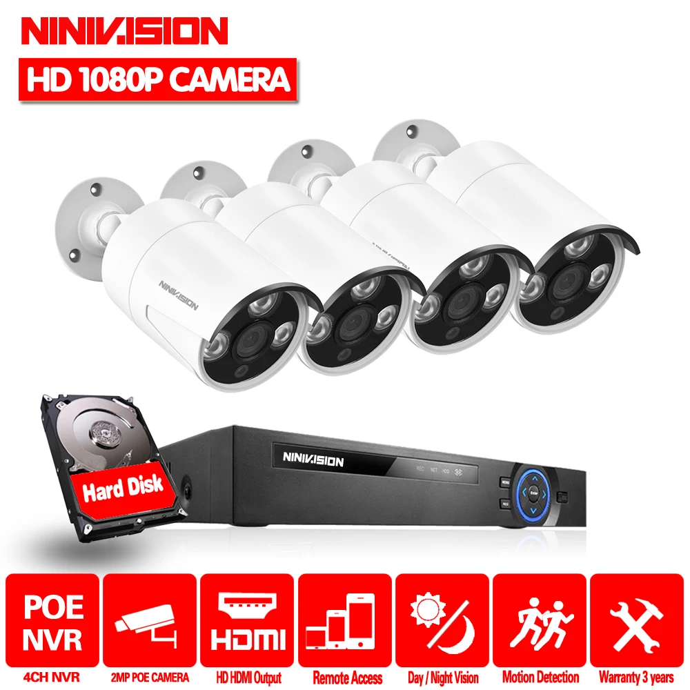 Сетевая камера видеонаблюдения 4 канала 1080P POE NVR 2 0 МП|Система наблюдения| |