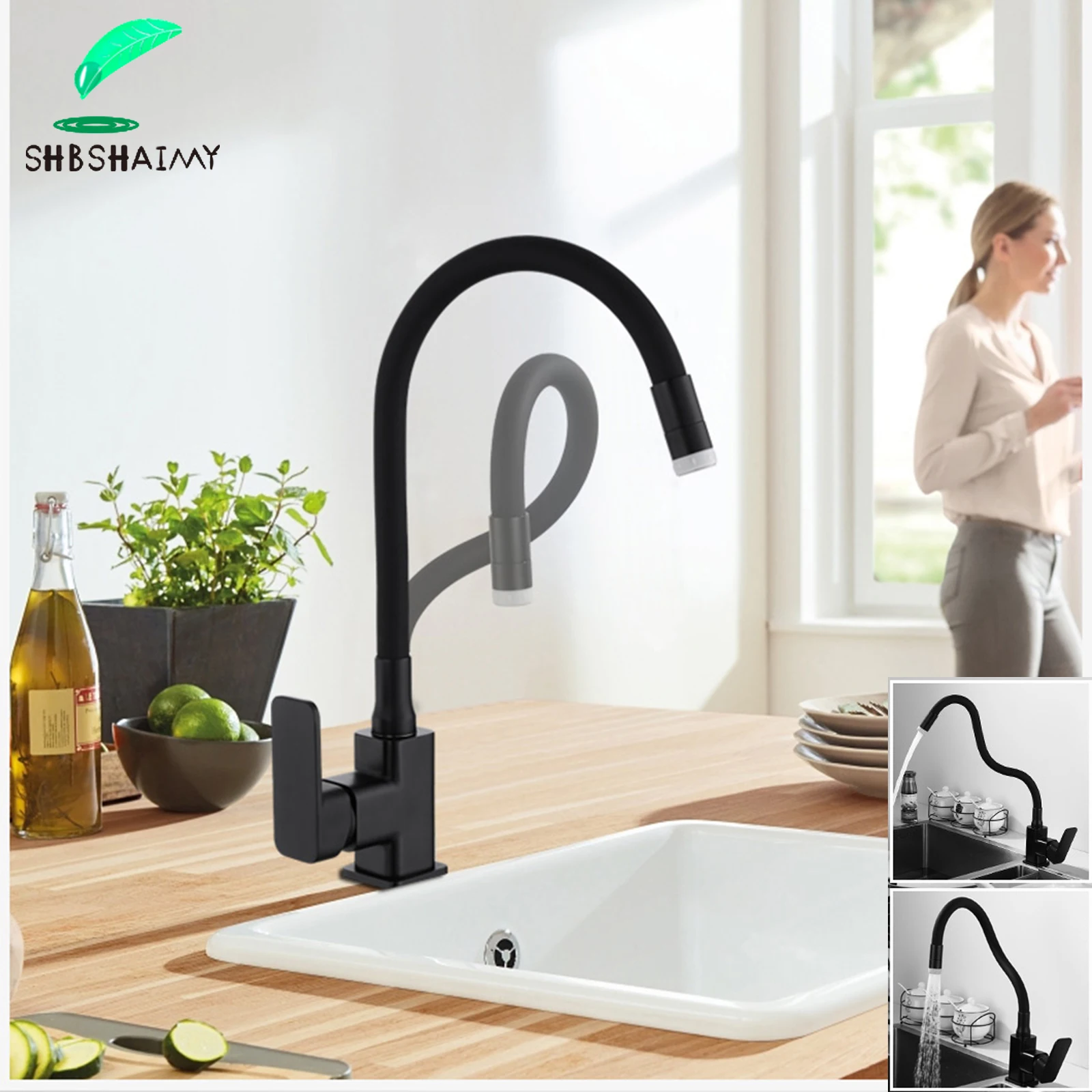 

SHBSHAIMY Silica Gel Any Direction Rotation Kitchen Faucet Black/White Kitchen Faucet Dual Outlet Water Functions Hot Cold Mixer