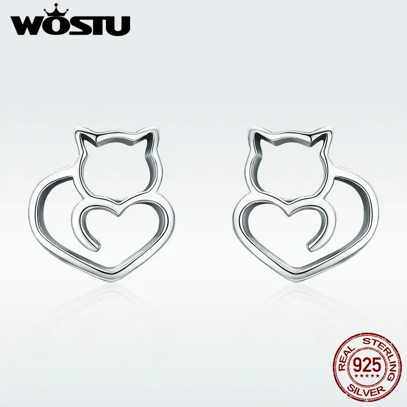 Женские серьги гвоздики WOSTU из стерлингового серебра 925 пробы с милым котом