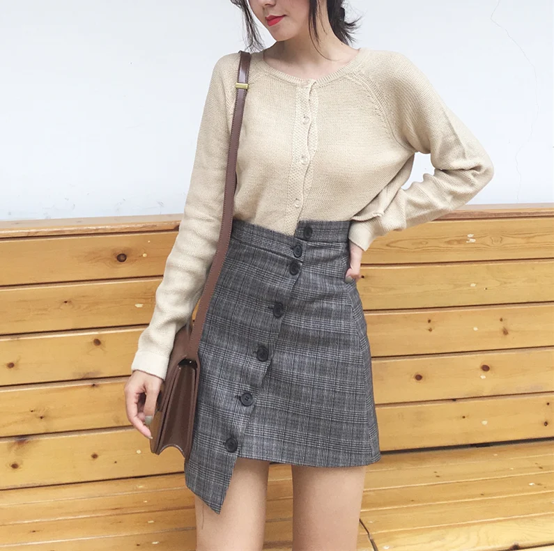 Женская Повседневная юбка Ulzzang Kawaii винтажная клетчатая однобортная