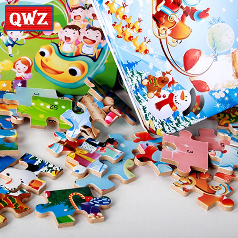 QWZ 60 шт 3D DIY деревянные пазлы обучающая игрушка милая головоломка железный ящик