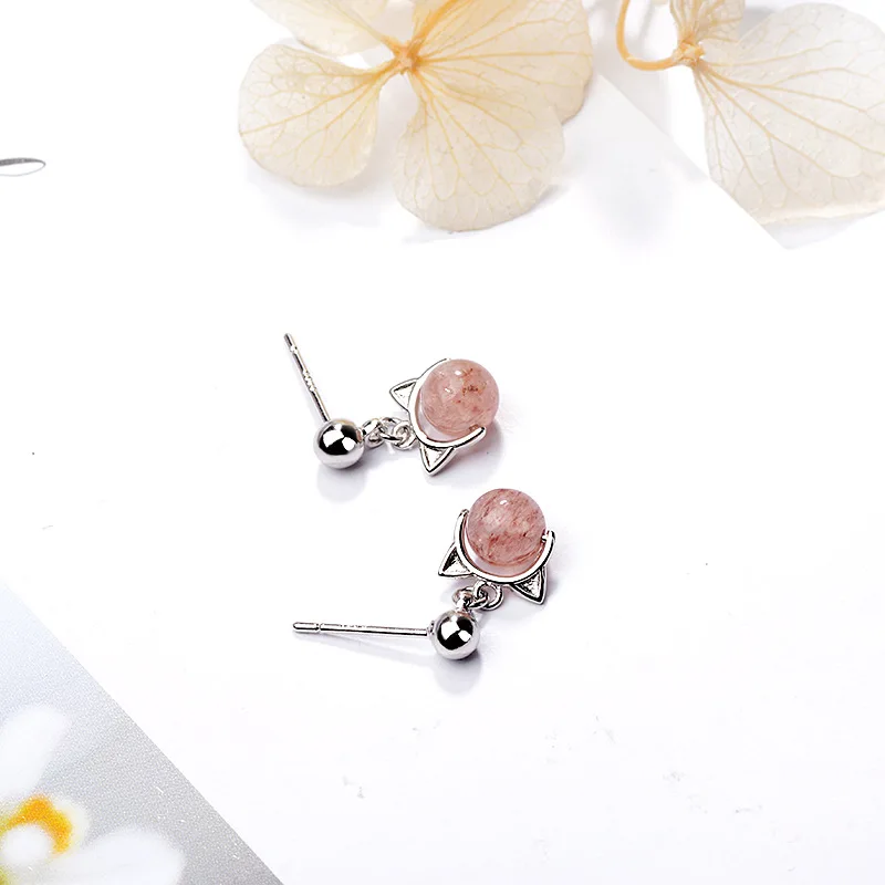 FENGLI Girl Strawberry Beads Stud Earring Cute Cat Silver Color Earrings Wedding Engagement Studs Handmade Jewelry | Украшения и