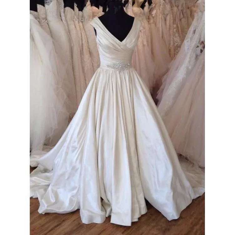 

A Line Wedding Dresses Sleeveless V Neck Sexy Backless Bridal Gowns With Sweep Train Custom Made