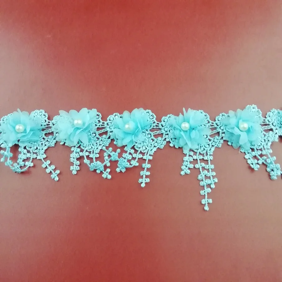 1 Yard Sky Blue Tassel Flowers Pearl Lace Edge Trimmings Ribbons Beaded Fabric Embroidered Sewing Wedding Dress Clothes | Дом и сад